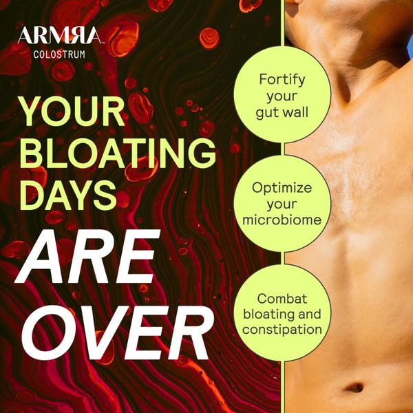 A direct-response graphic showing a user's midsection alongside three clear, punchy benefits of Colostrum, using a bold, high-contrast design.